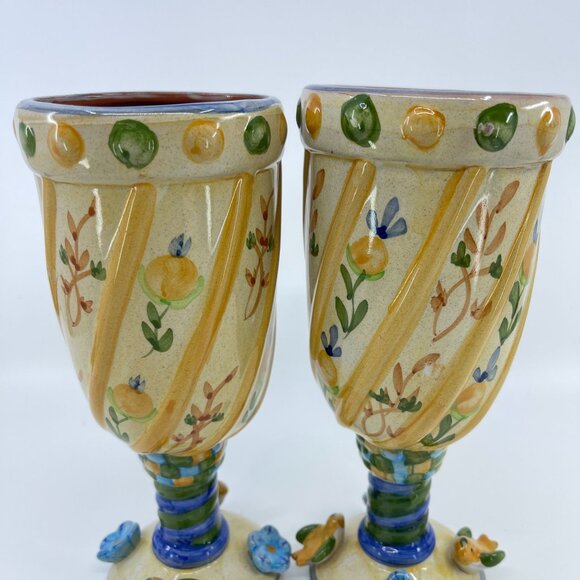 vintage hand-painted ceramic goblets with floral & bird motif set of 2 - Picture 8 of 8
